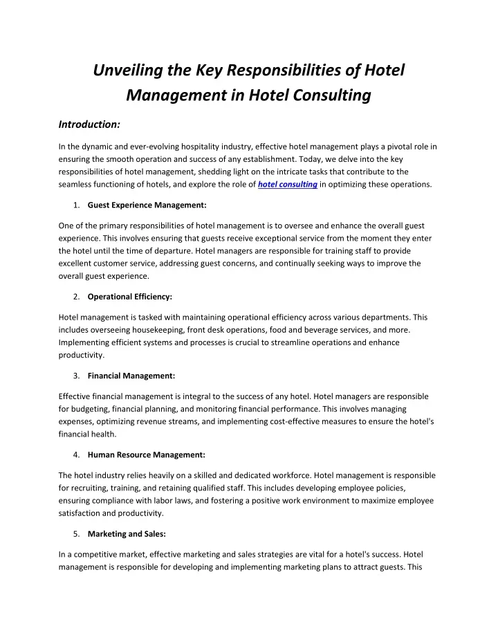 unveiling the key responsibilities of hotel