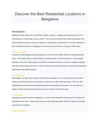 Discover the Best Residential Locations in Bangalore