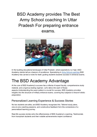 BSD Academy provides the best Army School coaching in Uttar Pradesh for preparing for entrance exams