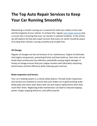 The Top Auto Repair Services to Keep Your Car Running Smoothly