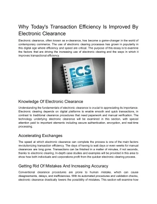 Why Today's Transaction Efficiency Is Improved By Electronic Clearance