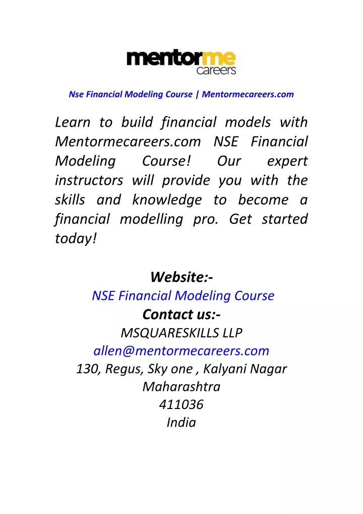 nse financial modeling course mentormecareers com