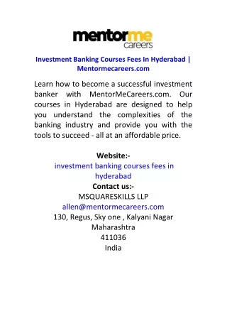 Investment Banking Courses Fees In Hyderabad  Mentormecareers.com