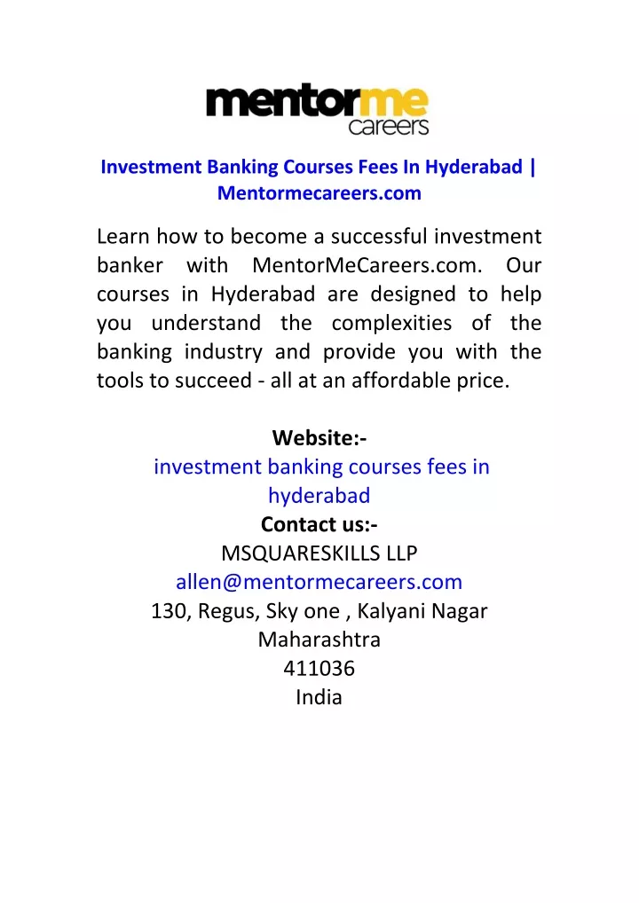 investment banking courses fees in hyderabad