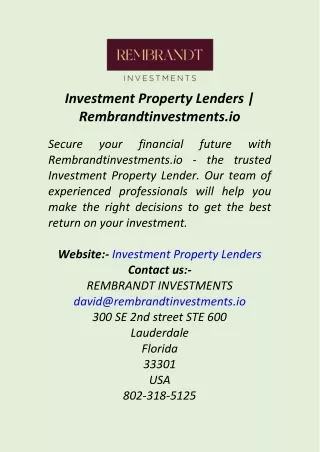 Investment Property Lenders  Rembrandtinvestments.io