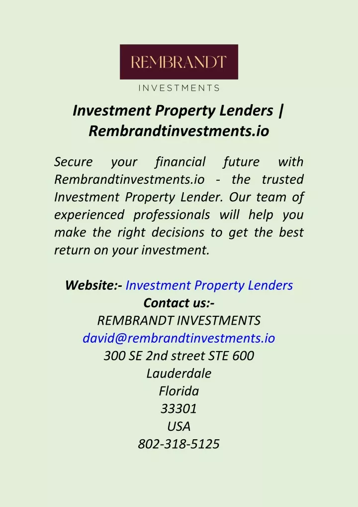 investment property lenders rembrandtinvestments