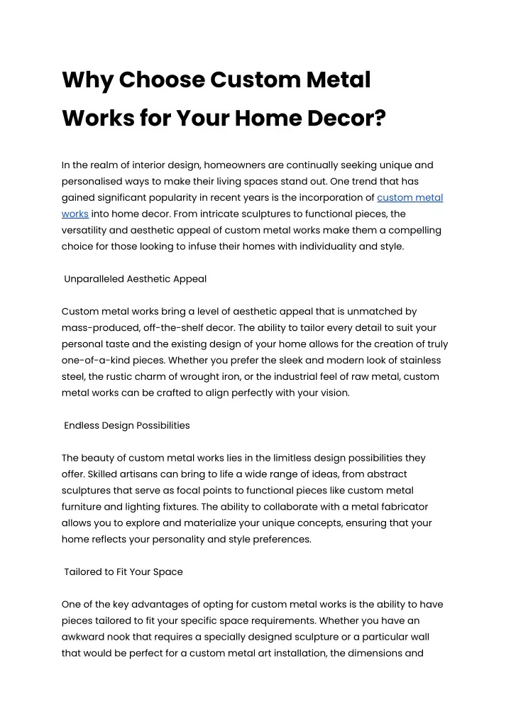 why choose custom metal works for your home decor