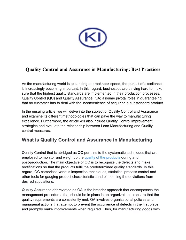 quality control and assurance in manufacturing
