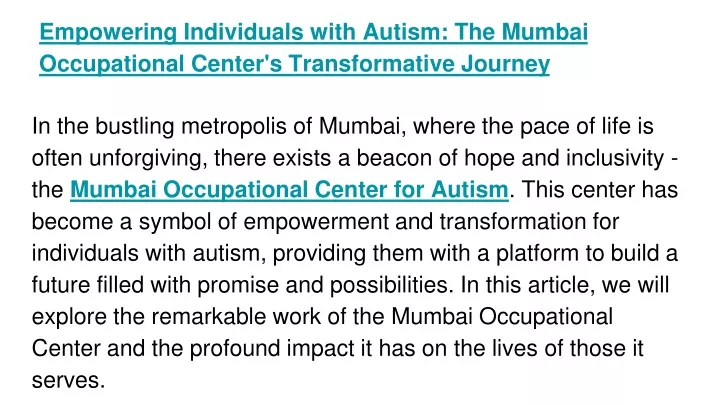 empowering individuals with autism the mumbai occupational center s transformative journey
