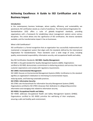 achieving excellence a guide to iso certification
