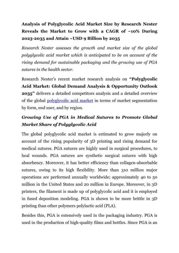 analysis of polyglycolic acid market size