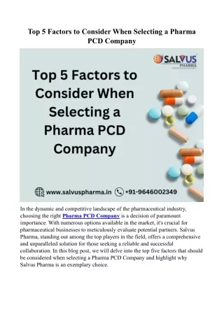 Top 5 Factors to Consider When Selecting a Pharma PCD Company