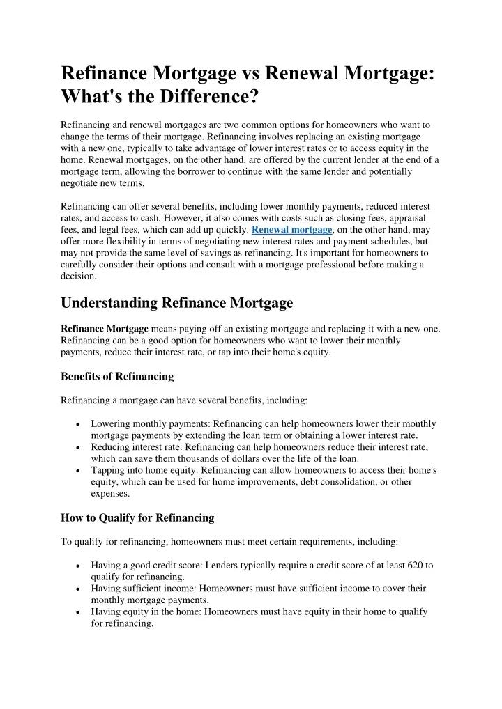 refinance mortgage vs renewal mortgage what