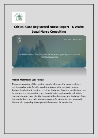 Critical Care Registered Nurse Expert - K Waite Legal Nurse Consulting