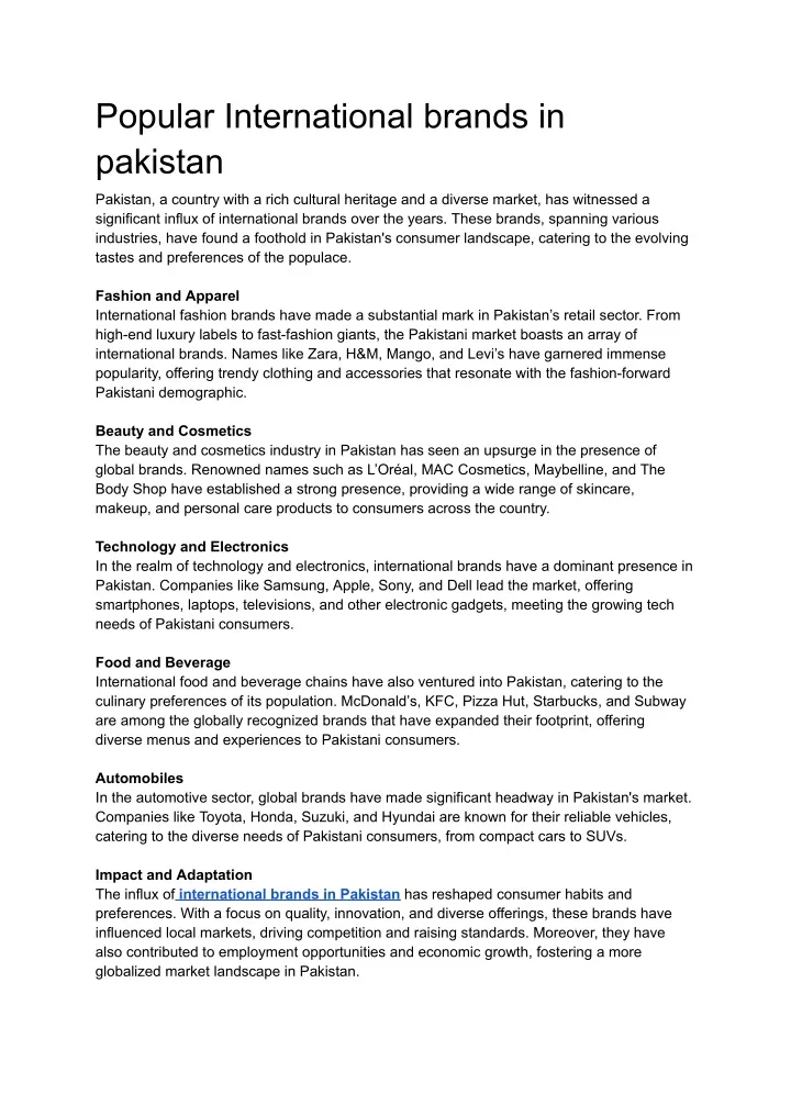 popular international brands in pakistan
