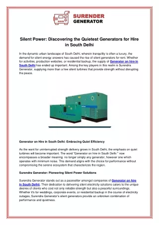 Silent Power Discovering the Quietest Generators for Hire in South Delhi
