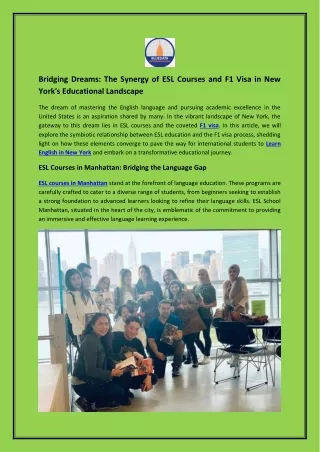 Bridging Dreams -The Synergy of ESL Courses and F1 Visa in New York's Educational Landscape