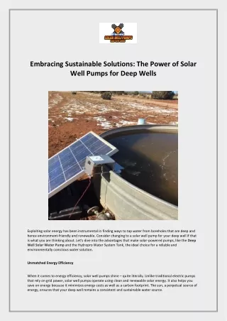 Embracing Sustainable Solutions: The Power of Solar Well Pumps for Deep Wells