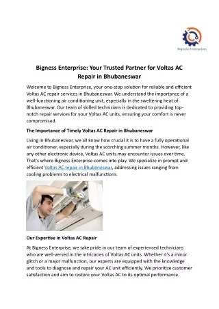 Bigness Enterprise- Your Trusted Partner for Voltas AC Repair in Bhubaneswar