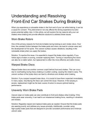 Understanding and Resolving Front-End Car Shakes During Braking