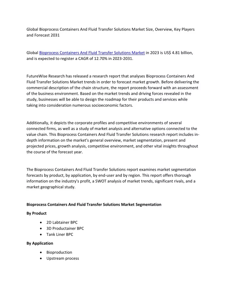 global bioprocess containers and fluid transfer