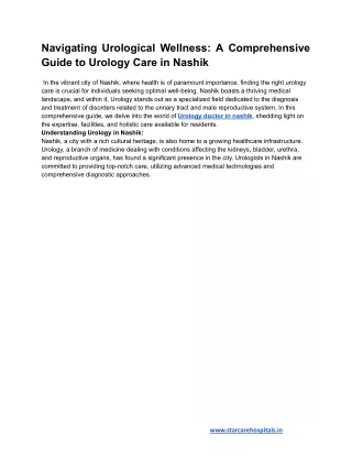 Navigating Urological Wellness: A Comprehensive Guide to Urology Care in Nashik