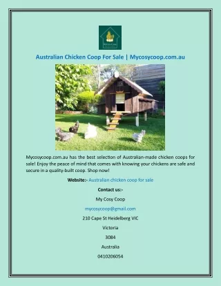 Australian Chicken Coop For Sale  Mycosycoop.com