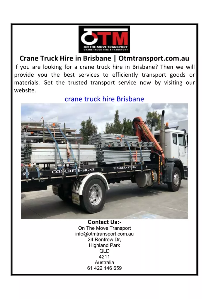 crane truck hire in brisbane otmtransport