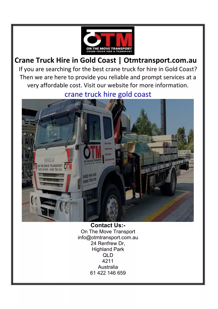 crane truck hire in gold coast otmtransport