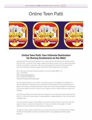 Online Teen Patti: Your Ultimate Destination for Rummy Excitement on the Web!