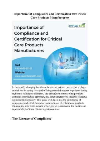 Importance of Compliance and Certification for Critical Care Products Manufacturers