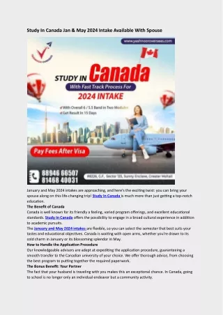 Study In Canada Jan & May 2024 Intake Available With Spouse