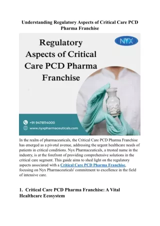 Understanding Regulatory Aspects of Critical Care PCD Pharma Franchise