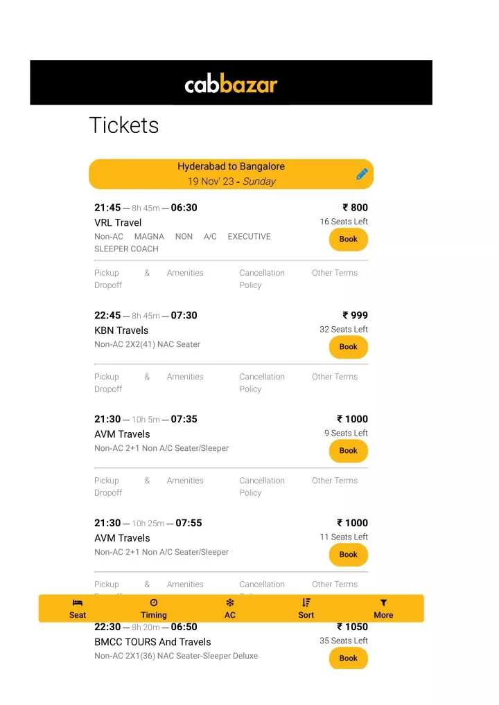 hyderabad to bangalore bus tickets