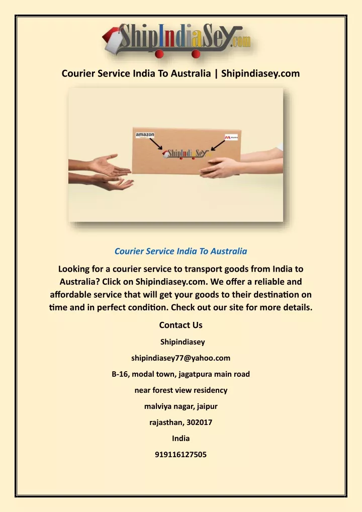courier service india to australia shipindiasey
