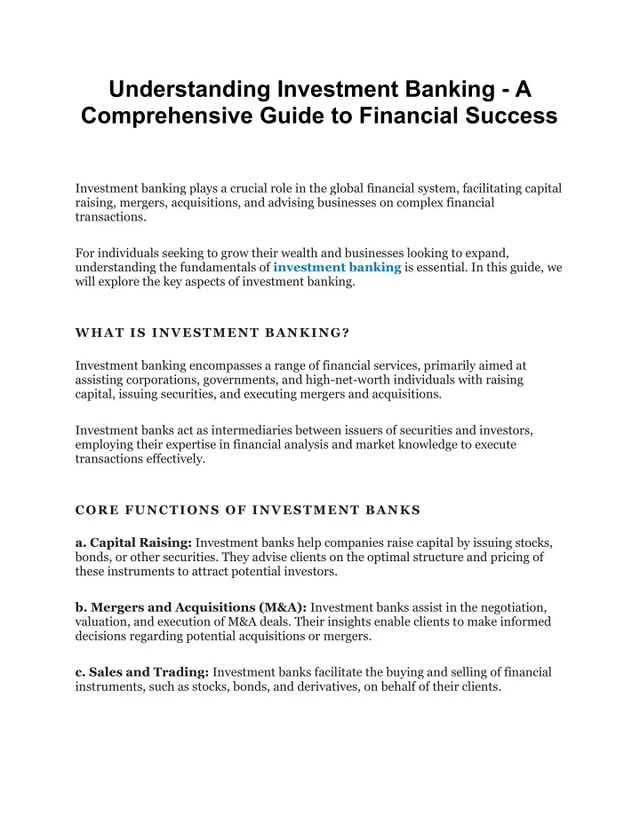 understanding investment banking a comprehensive