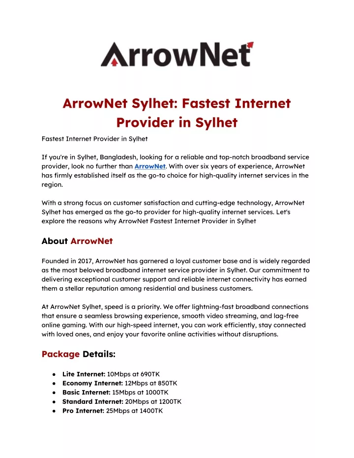 arrownet sylhet fastest internet provider
