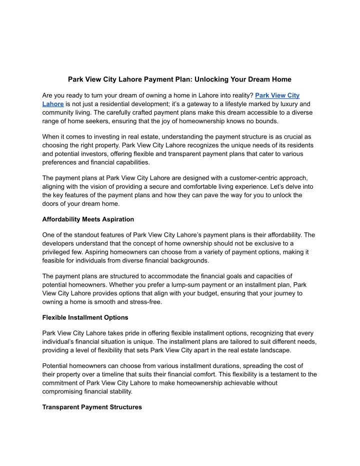 park view city lahore payment plan unlocking your
