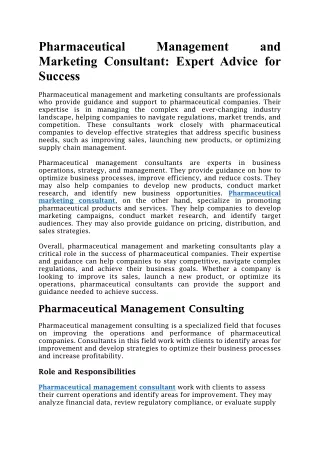 Pharmaceutical Management and Marketing Consultant - Expert Advice for Success