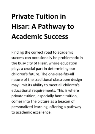 Private Tuition in Hisar A Pathway to Academic Success