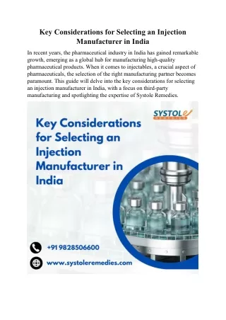 Key Considerations for Selecting an Injection Manufacturer in India