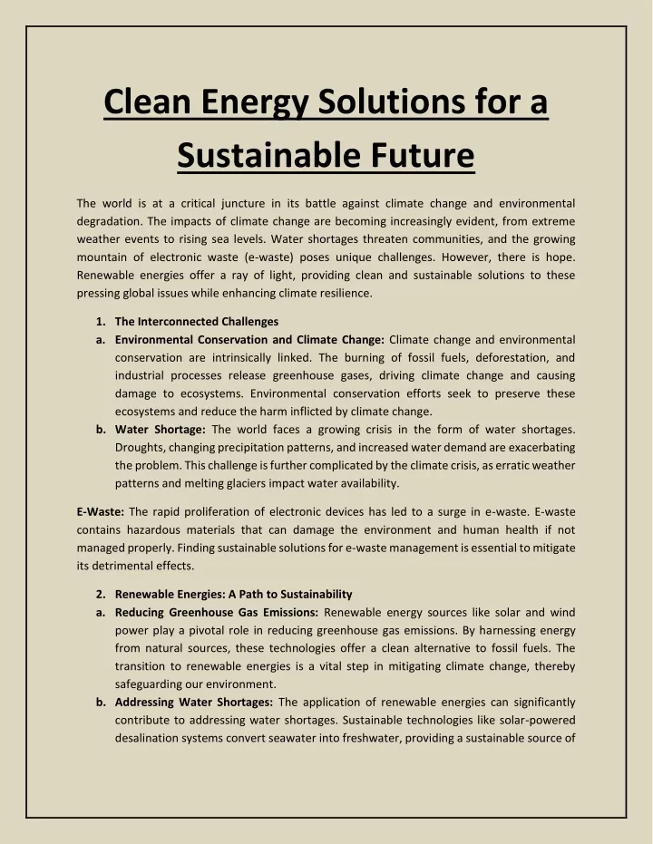 cl an en rgy solutions for a sustainabl futur