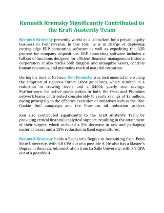 Kenneth Kremsky Significantly Contributed to the Kraft Austerity Team