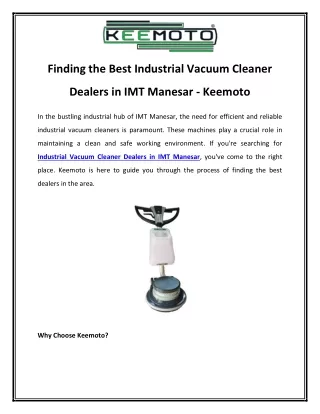 Finding the Best Industrial Vacuum Cleaner Dealers in IMT Manesar - Keemoto