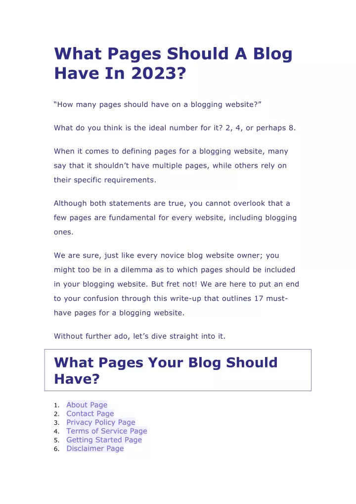 what pages should a blog have in 2023