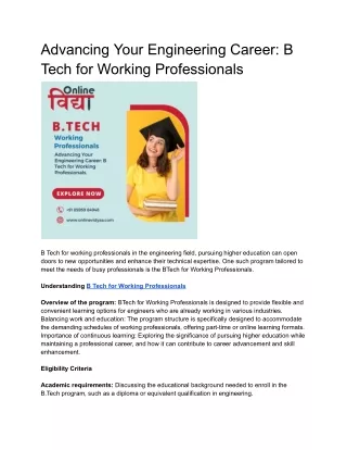 Advancing Your Engineering Career: B Tech for Working Professionals