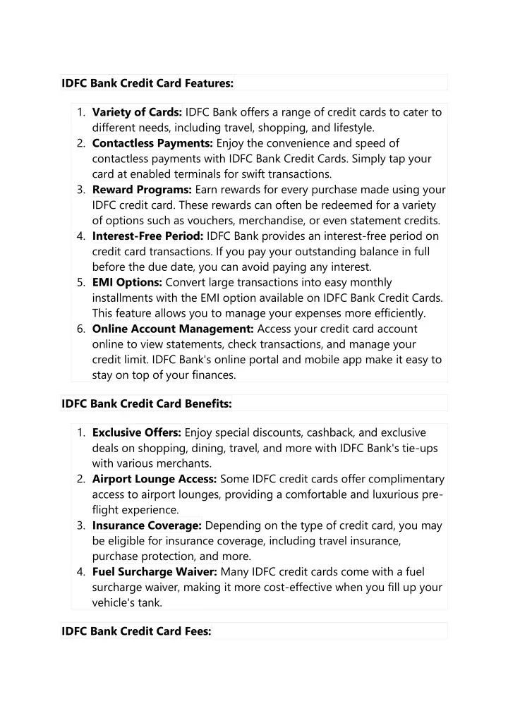 idfc bank credit card features