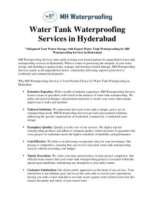 Water Tank Waterproofing Services in Hyderabad