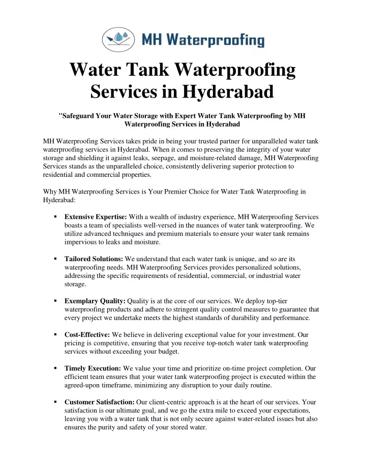 water tank waterproofing services in hyderabad