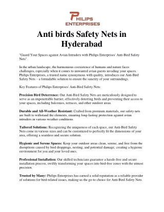 Anti birds Safety Nets in Hyderabad